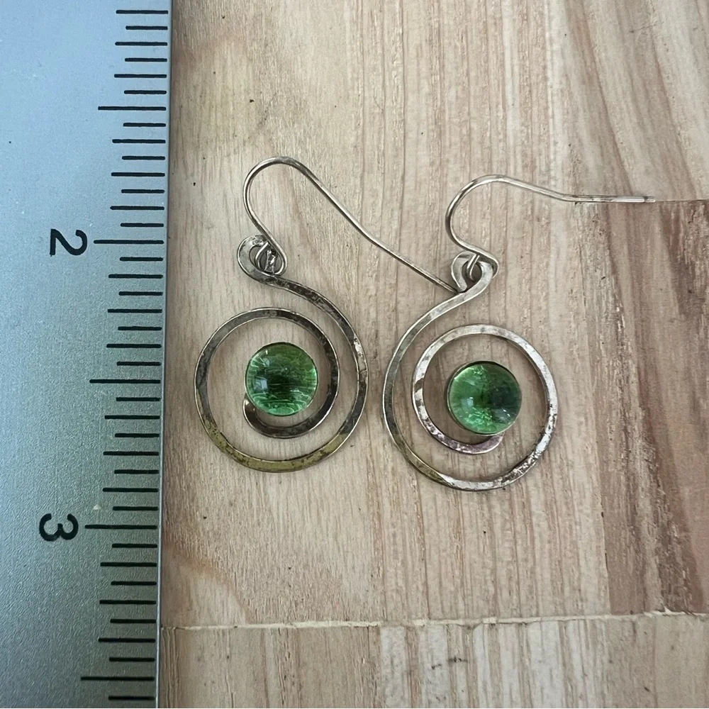 silver green glass spiral dangle drop earrings on hooks
